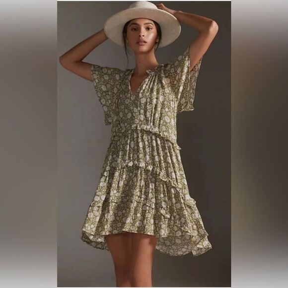 Anthropologie Robin Tiered Mini Dress in Moss Floral Pattern Size XS - Picture 1 of 5